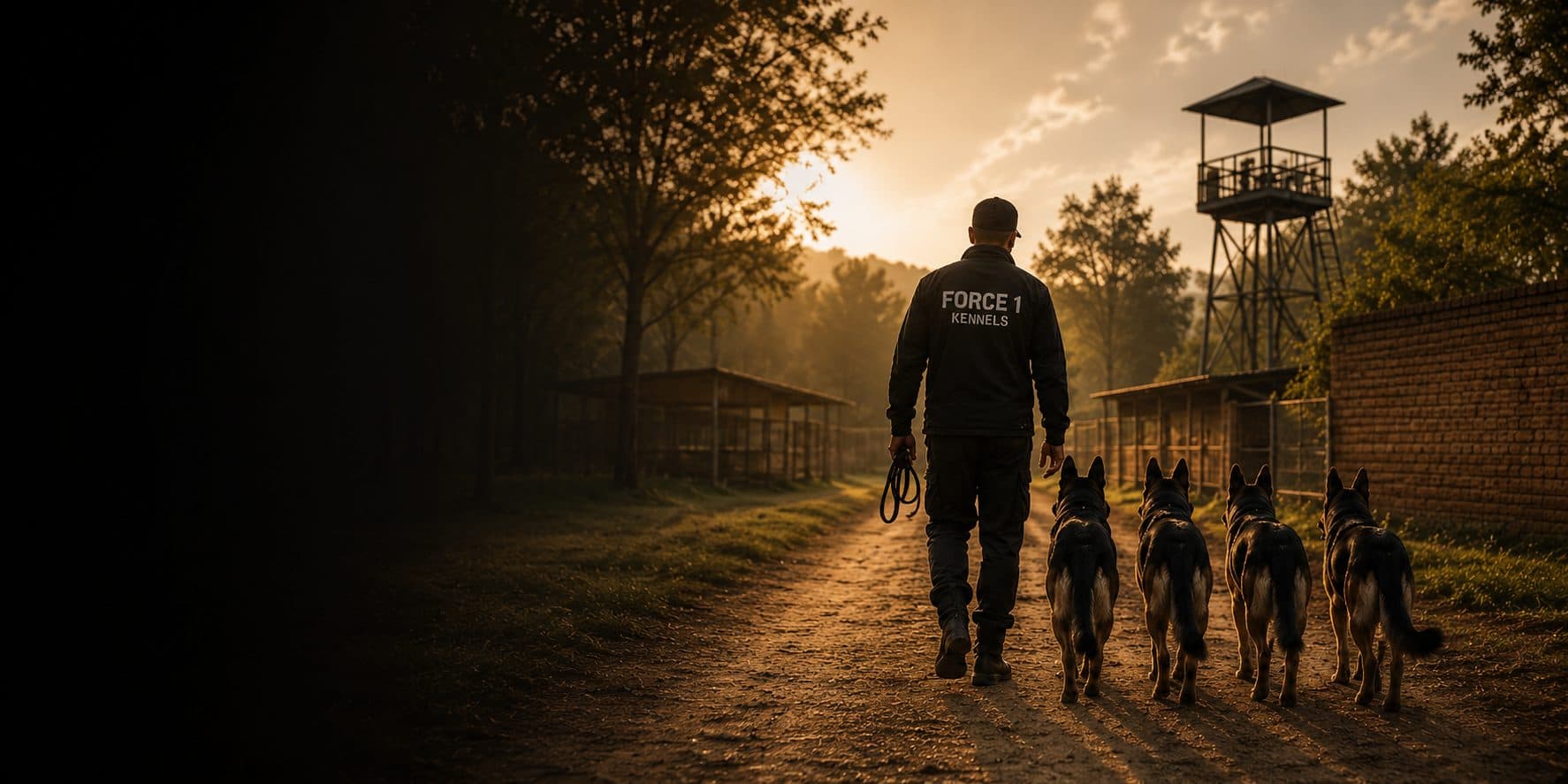 A Force 1 Kennels handler walking four German Shepherd working dogs down the training-campus path at sunrise, watchtower and kennels in the background